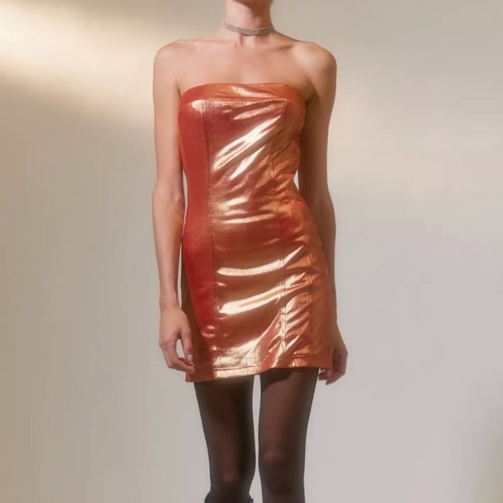 Orange Metallic Tube Mini Dress, New with Tags